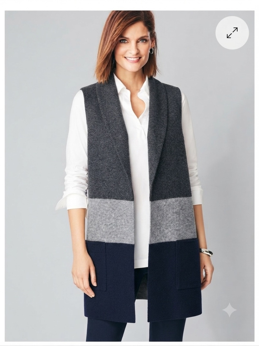 Tahari Womens Vest Large Charcoal Colorblock Wool Blend Dark Academia Minimalist
